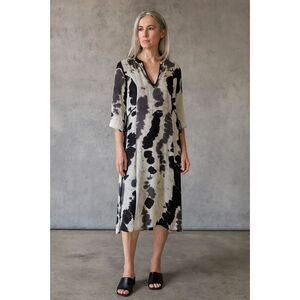 ELAINE KIM Beautiful Black White Tie Dye 100% Silk Midi Dress Women's Size Large